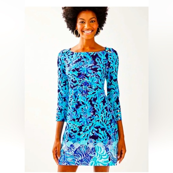 NWT LILLY PULITZER 50+ SOPHIE DRESS S BRIGHT NAVY IN TOO DEEP ENGINEERED - Picture 4 of 10